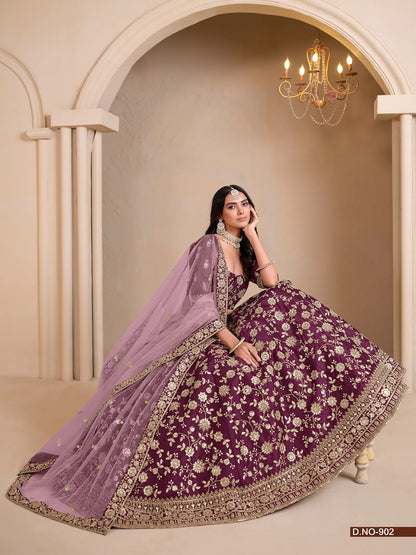 Wine Designer Art Silk Lehenga Choli With Thread And Sequins Work