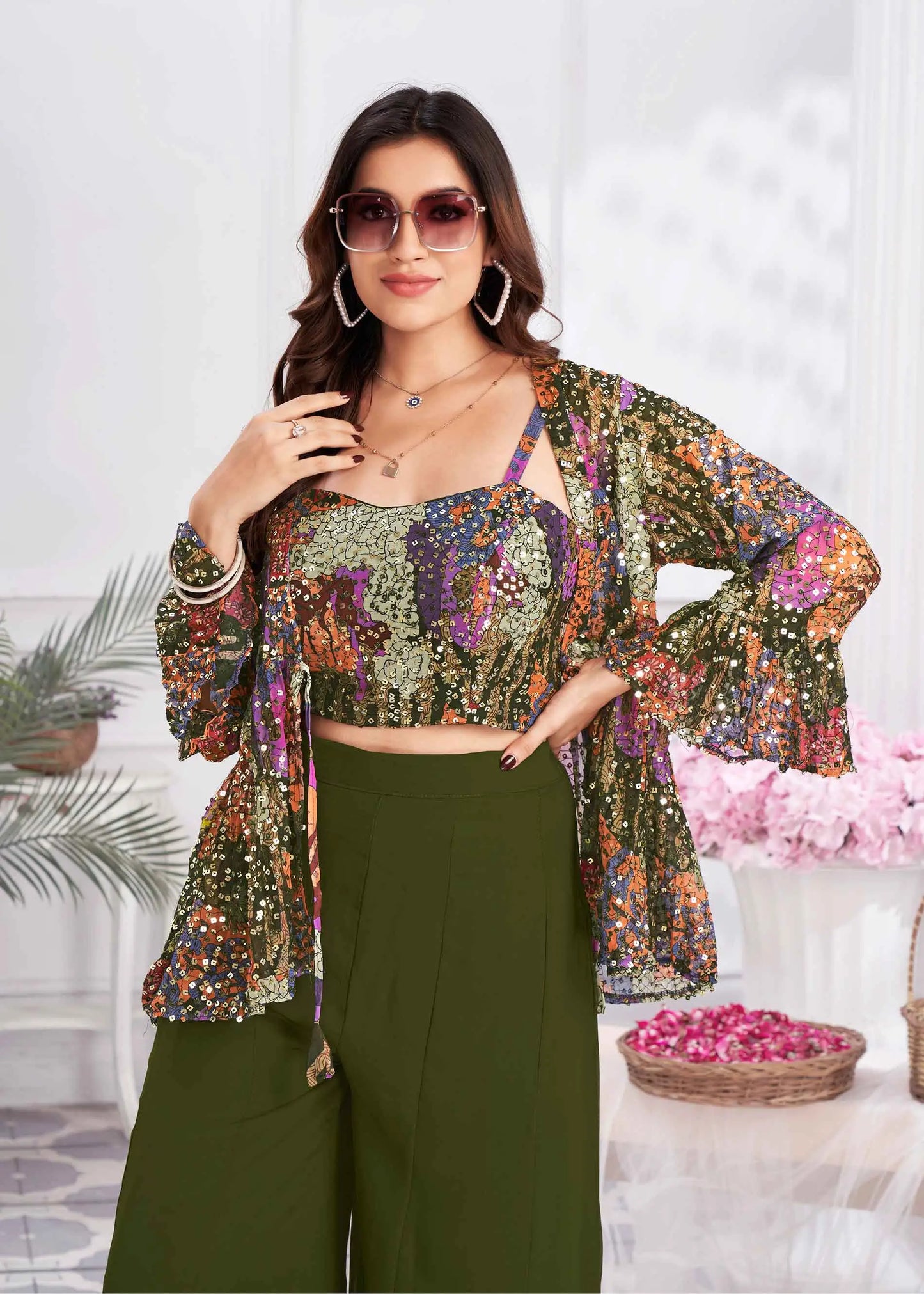 Olive Green Sequins Embroidery Work Indo Western With Shrug