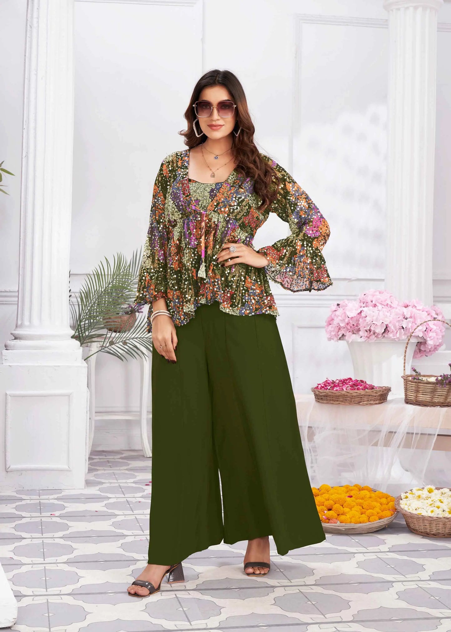 Olive Green Sequins Embroidery Work Indo Western With Shrug