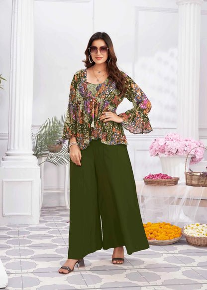 Olive Green Sequins Embroidery Work Indo Western With Shrug