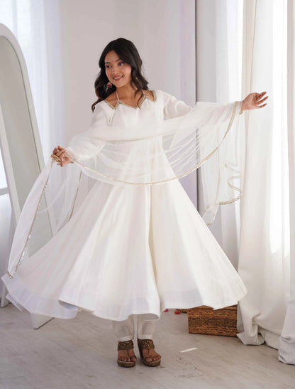 Designer Off White Silk Gown With Dupatta