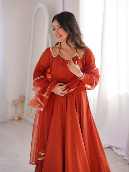 Designer Rust Silk Gown With Dupatta