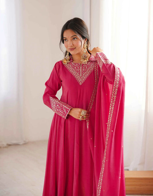 Designer Pink Silk Embroidery Work Gown