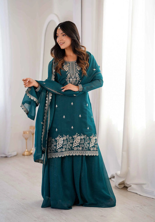 Teal Blue Embroidery Work Sharara Set