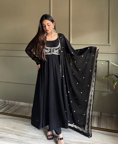Designer Black Georgette Gown With Koti