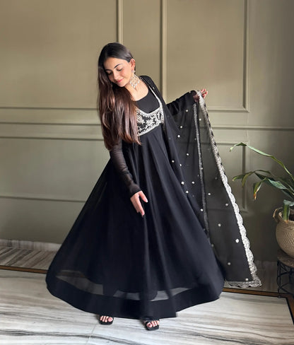 Designer Black Georgette Gown With Koti