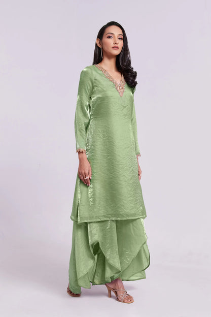 Pista Green Pure Organza Salwar Suit With Handwork