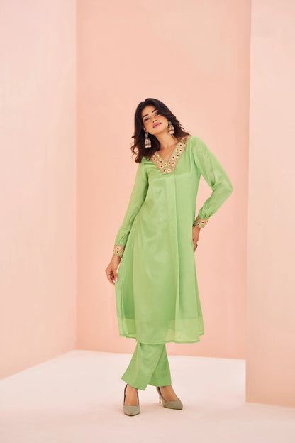 Pista Green Chinon Salwar Suit With Handwork