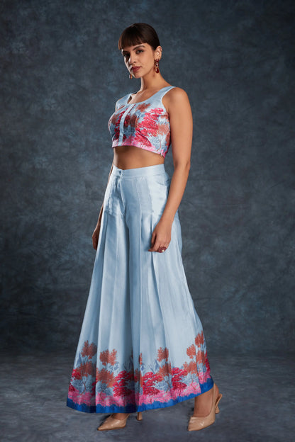 Sky Blue Printed Satin Co-ord Set