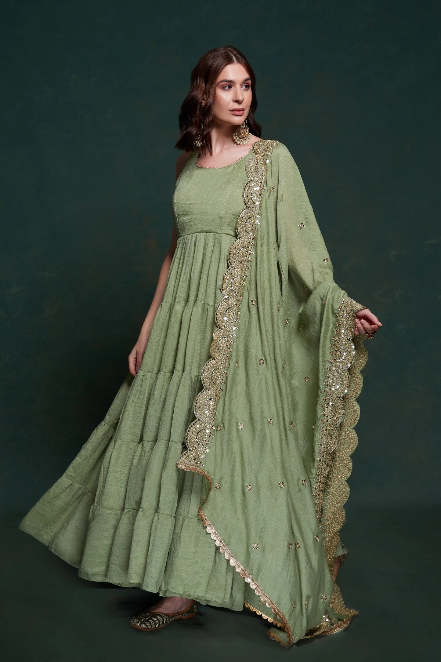 Pista Georgette Gown With Dupatta