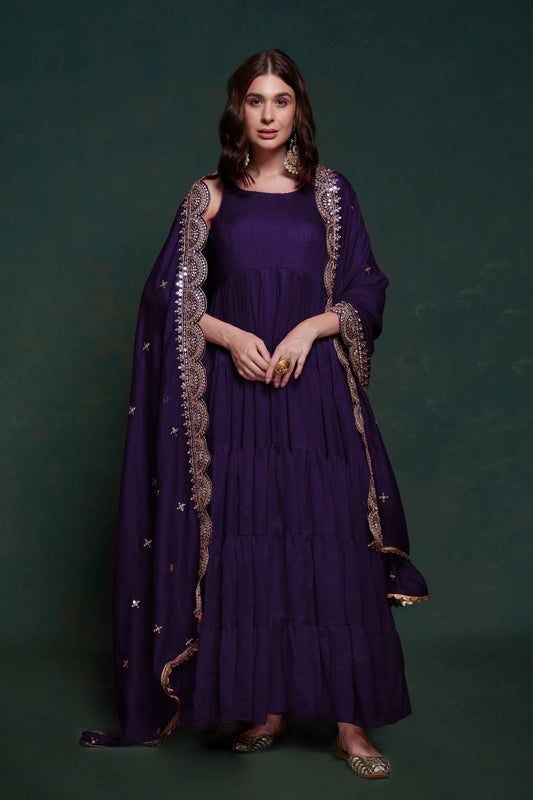 Purple Zari Sequins Silk Gown With Dupatta