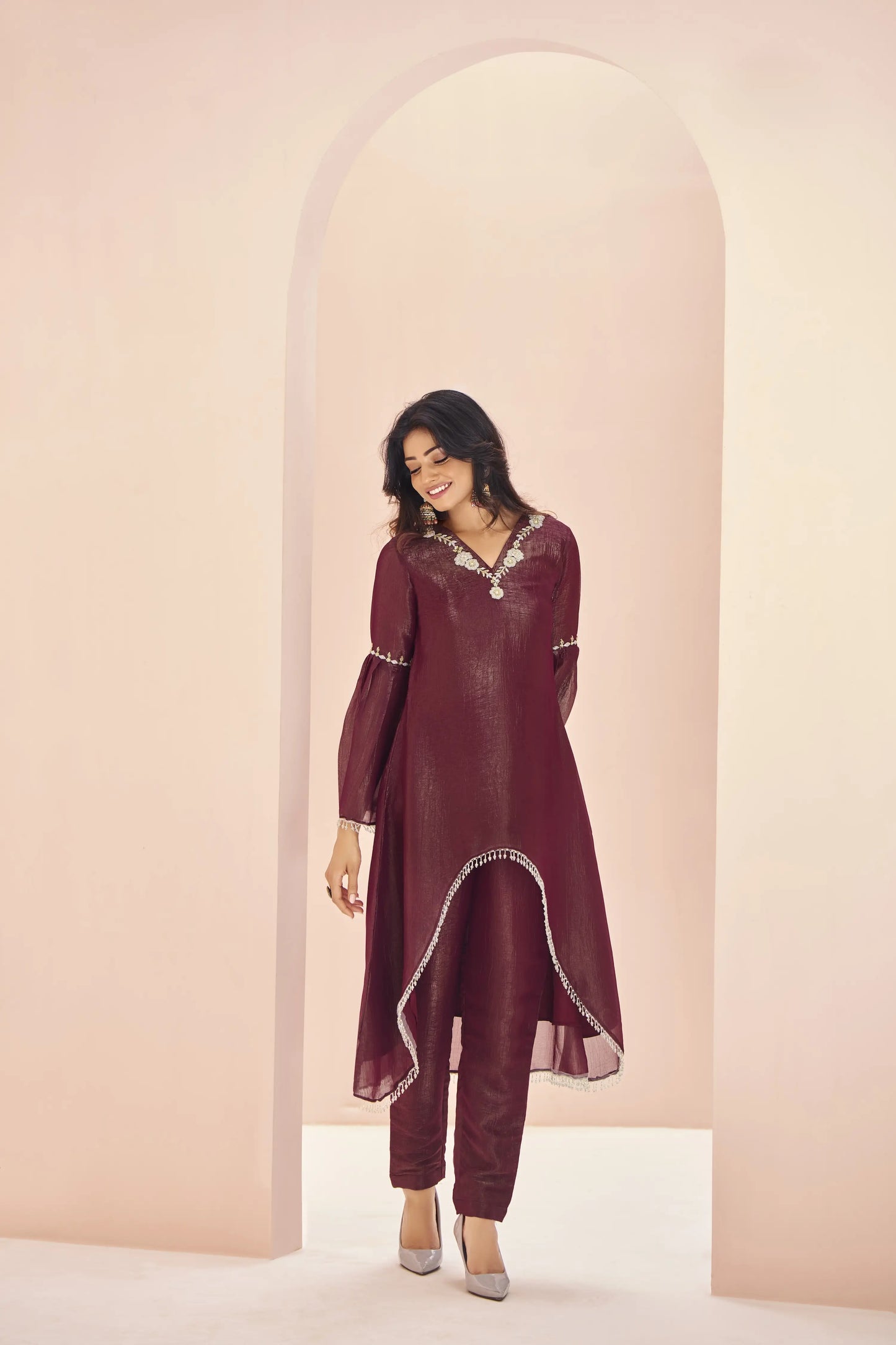 Maroon Organza Salwar Suit With Handwork