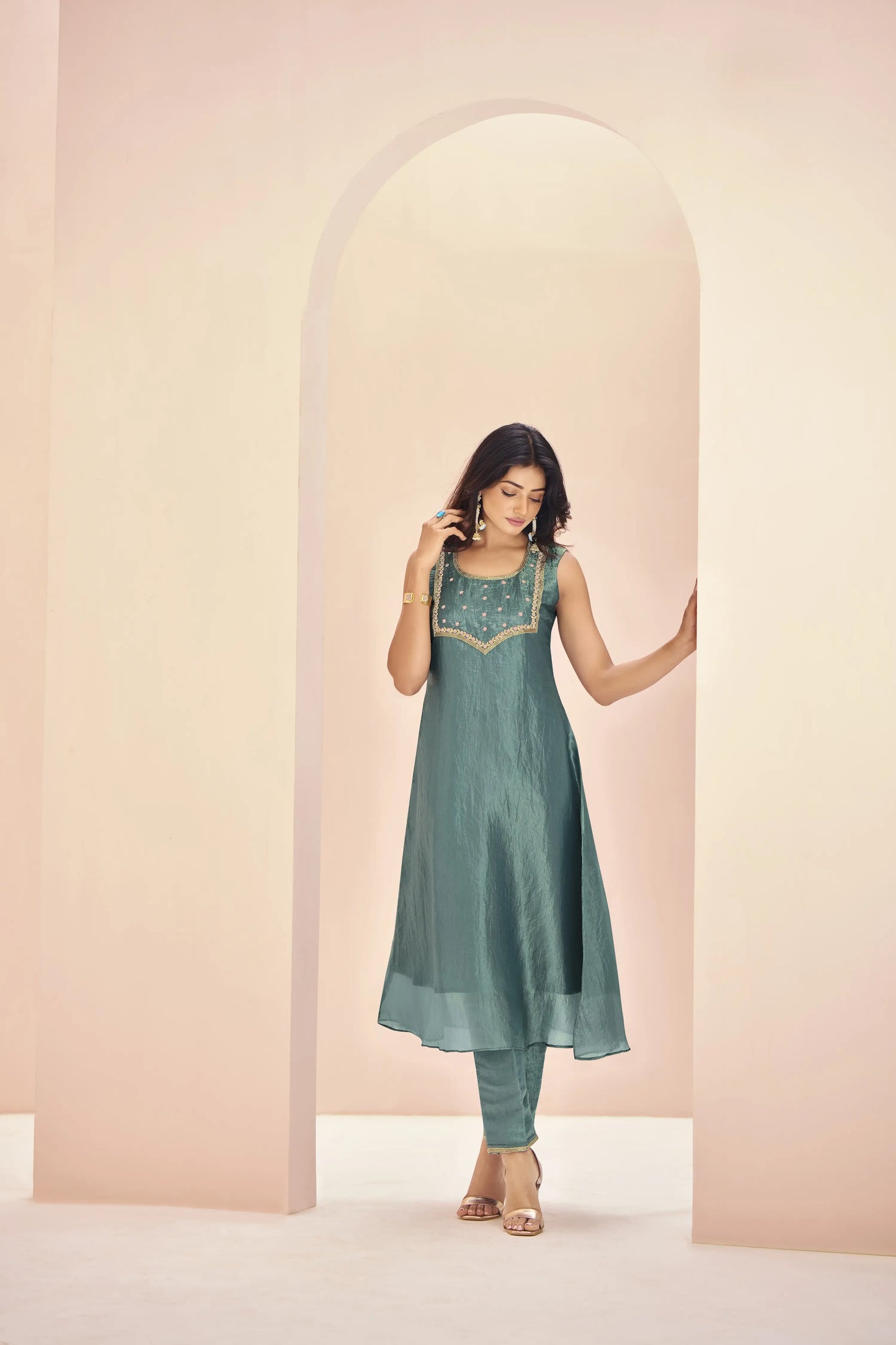 Aqua Green Organza Salwar Suit With Handwork