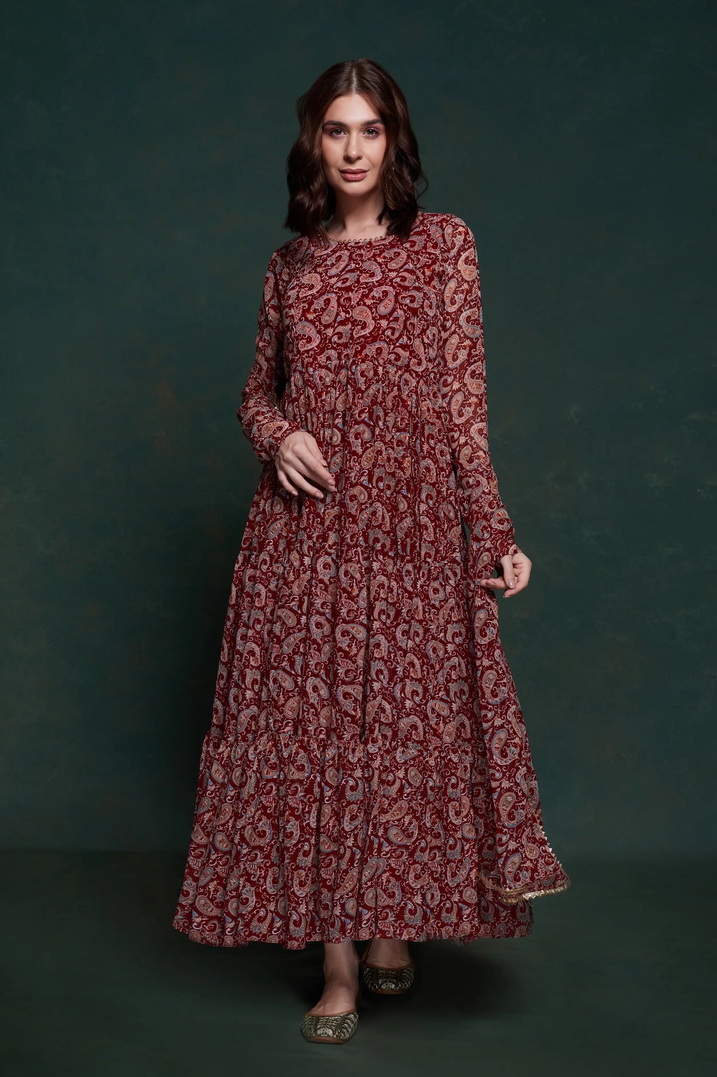 Maroon Printed Gown With Dupatta