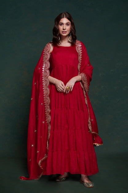 Red Georgette Gown With Dupatta