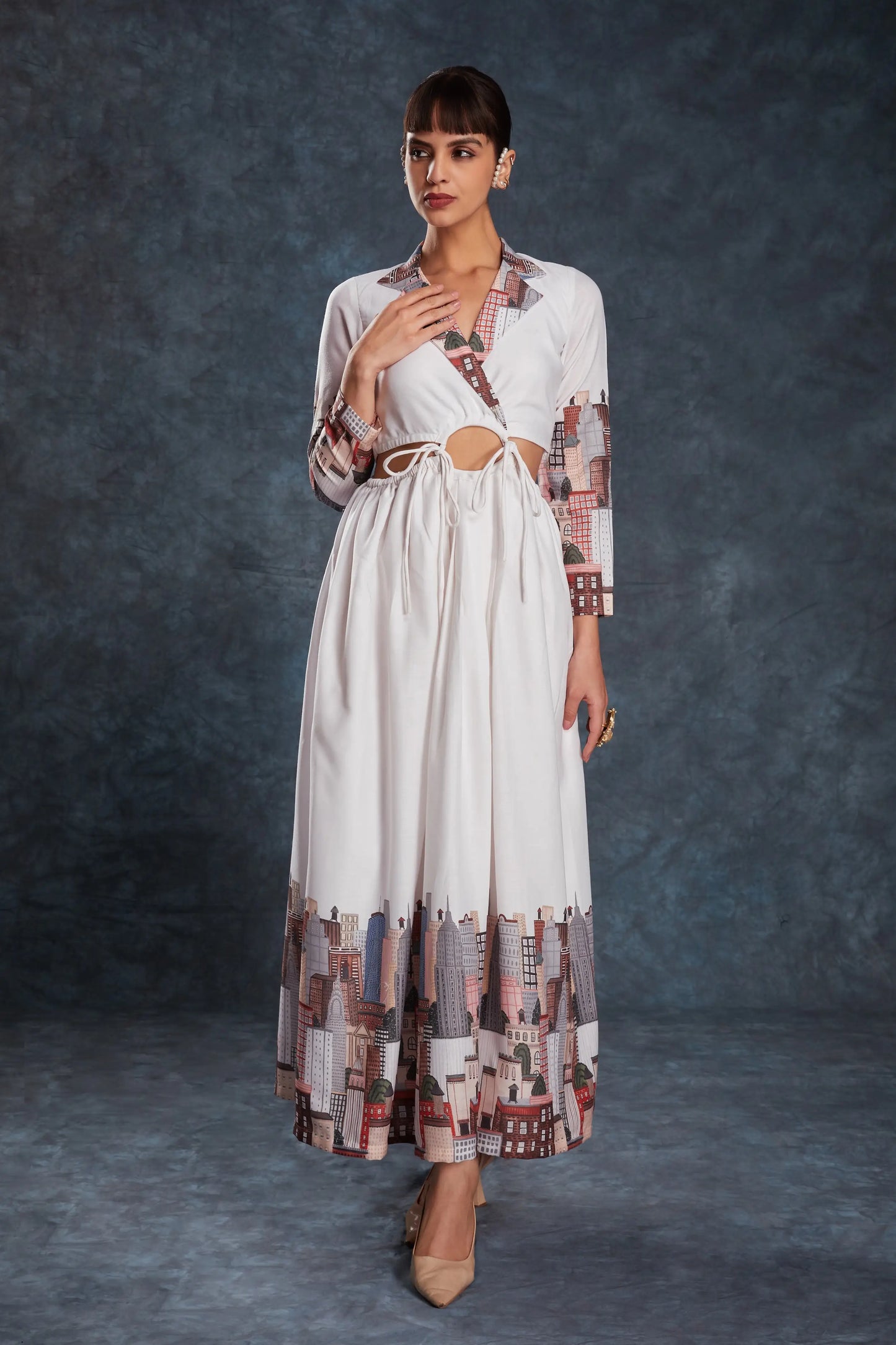 White Printed Linen Gown