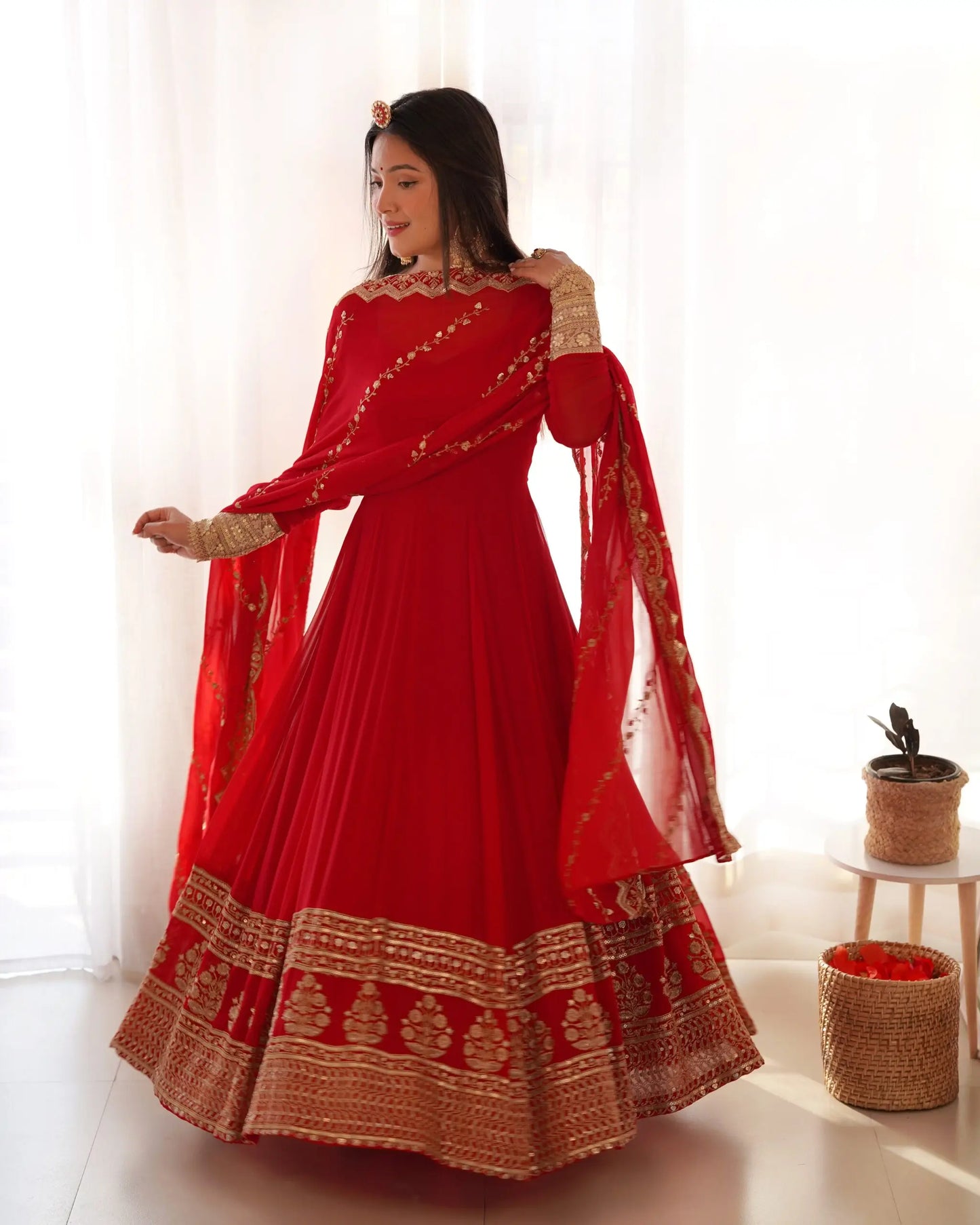 Red Embroidery Georgette Gown With Dupatta