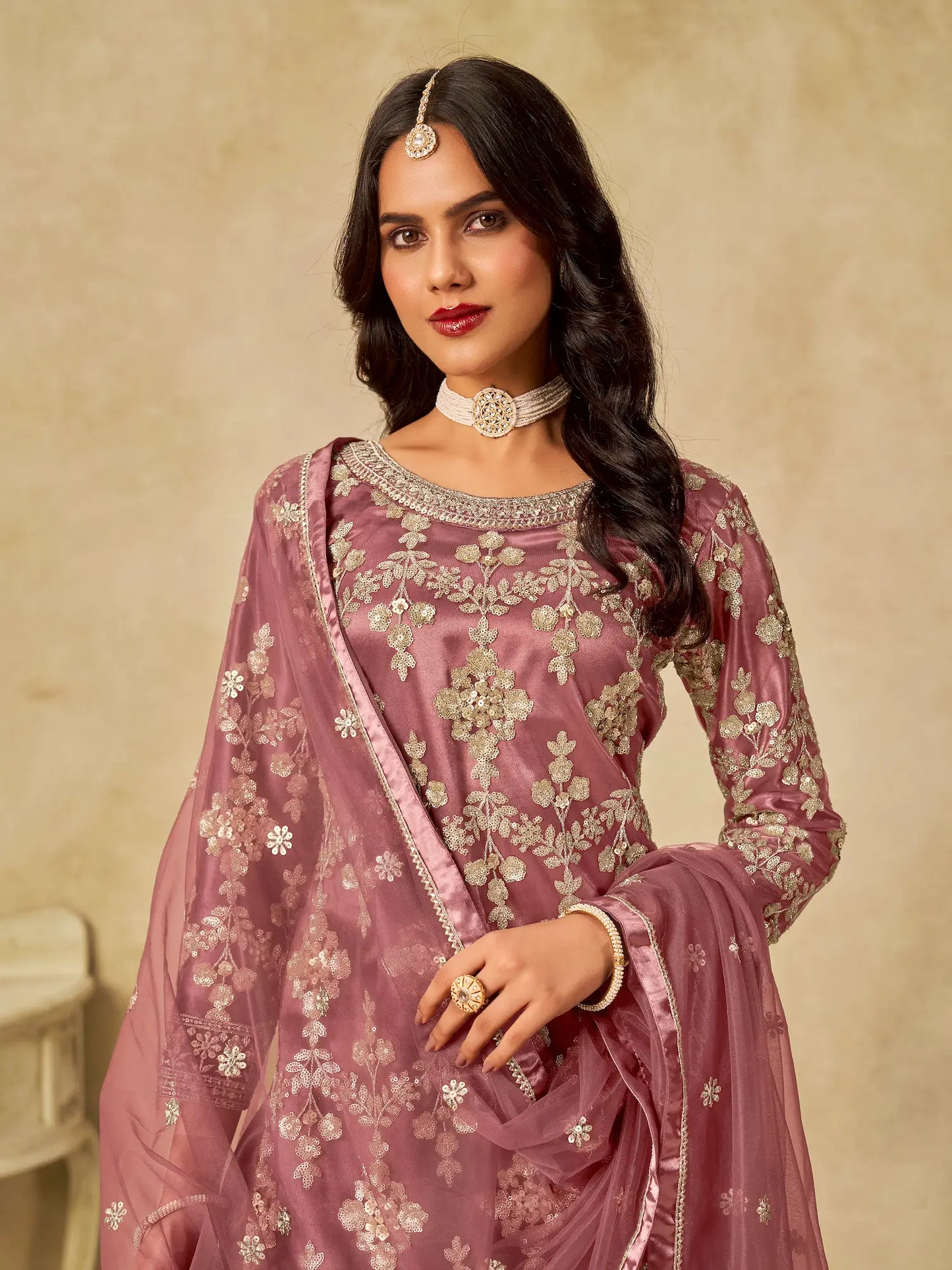 Brownish Pink Net Palazzo Suit With Sequins Embroidery