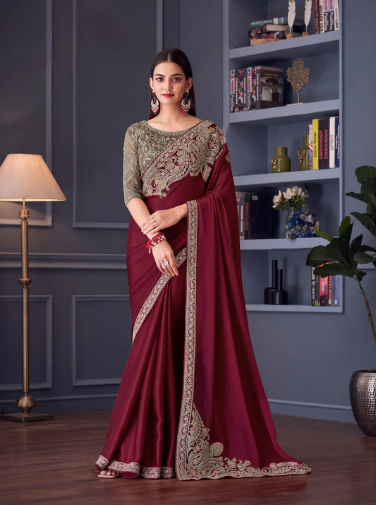 Maroon Satin Silk Party Wear Saree With Thread & Sequins Embroidery Work