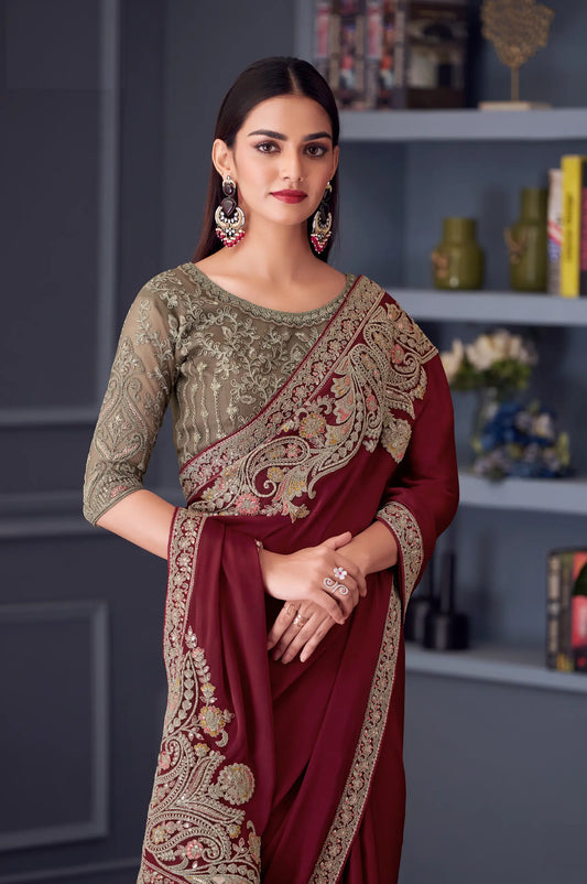 Maroon Satin Silk Party Wear Saree With Thread & Sequins Embroidery Work