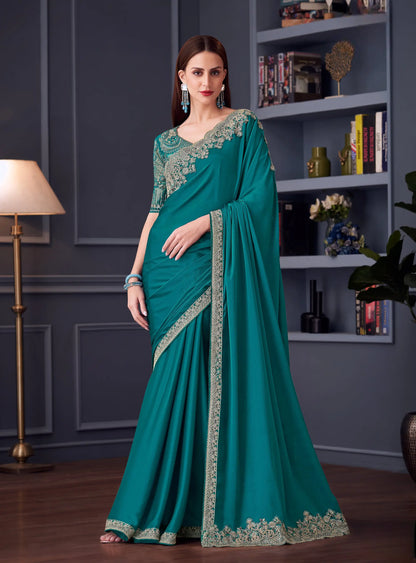 Teal Blue Chiffon Silk Party Wear Saree With Thread & Sequins Embroidery Work