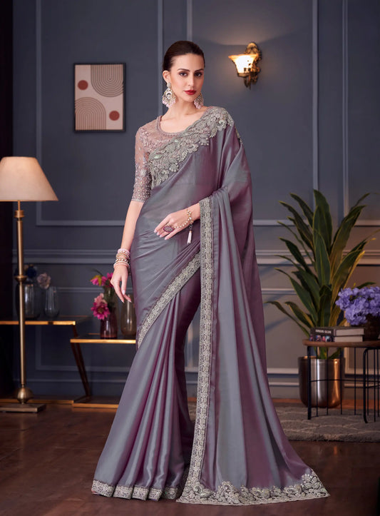 Dusty Lavender Chiffon Silk Party Wear Saree With Thread & Sequins Embroidery Work