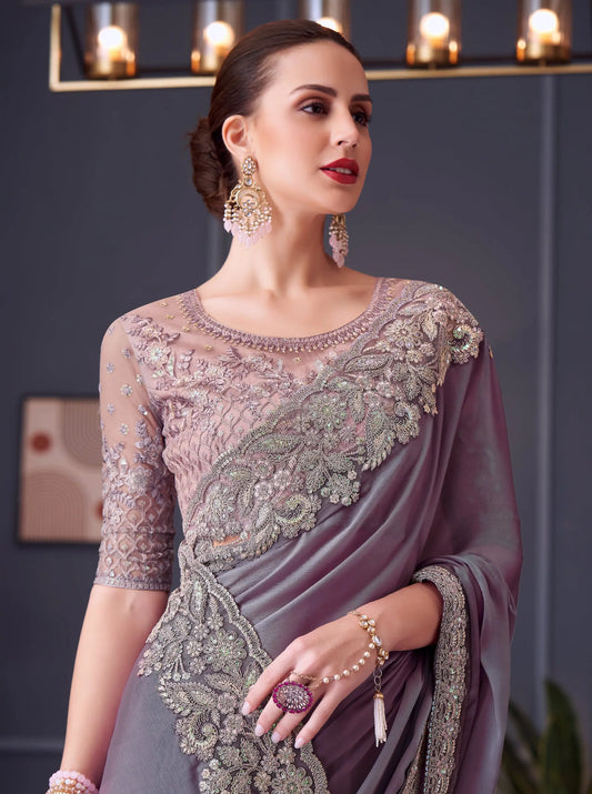 Dusty Lavender Chiffon Silk Party Wear Saree With Thread & Sequins Embroidery Work