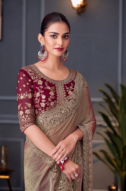 Golden Shaded Glass Silk Party Wear Saree With Thread & Sequins Embroidery Work