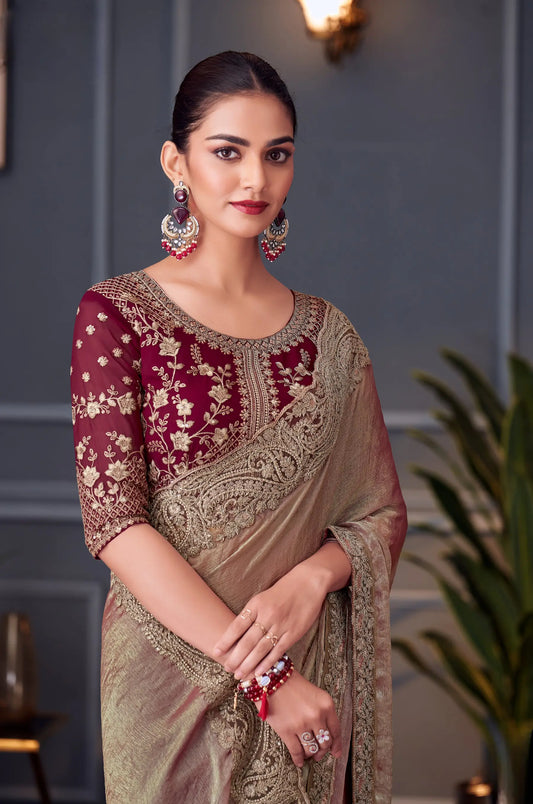 Golden Shaded Glass Silk Party Wear Saree With Thread & Sequins Embroidery Work