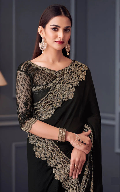 Black Satin Chiffon Silk Party Wear Saree With Thread & Sequins Embroidery Work