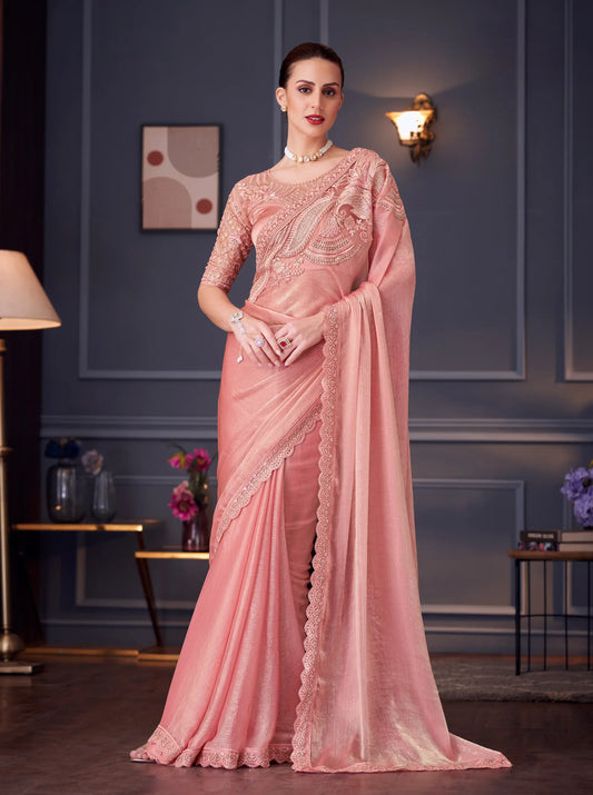 Peach Glass Chiffon Silk Party Wear Saree With Thread & Sequins Embroidery Work