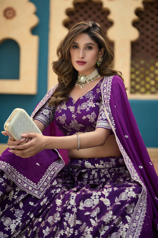 Grape Purple Dola Silk Embroidery Lehenga Choli