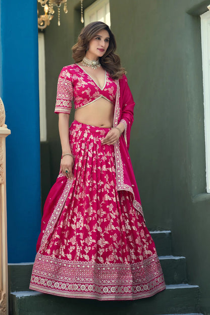 Hot Pink Dola Silk Embroidery Lehenga Choli