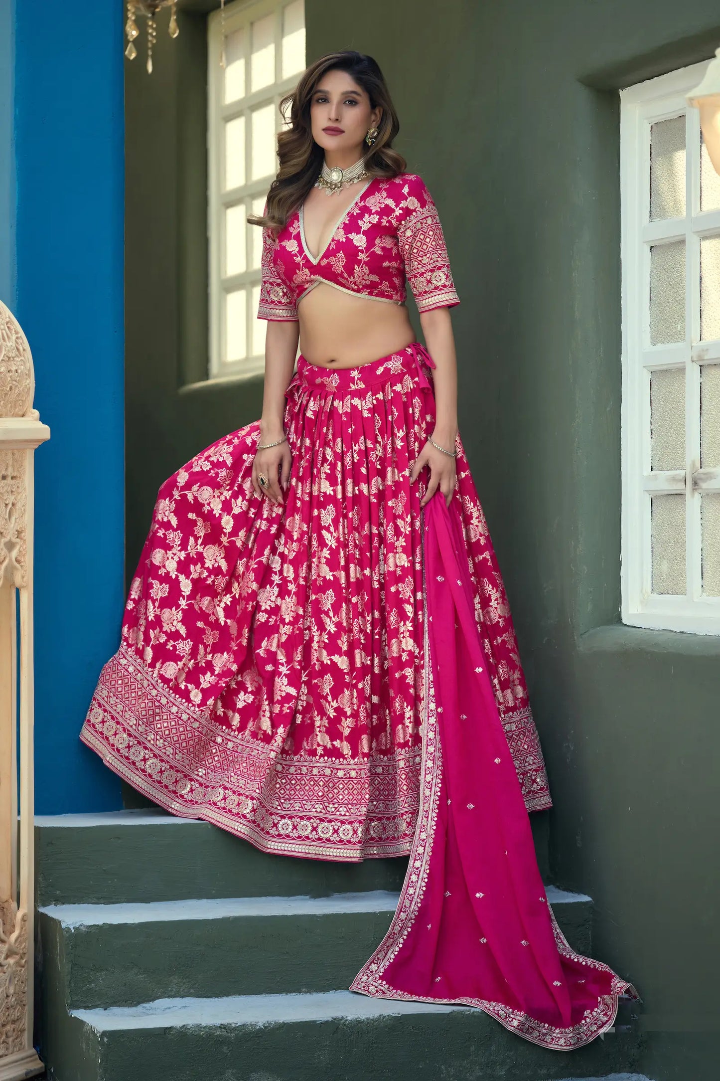 Hot Pink Dola Silk Embroidery Lehenga Choli