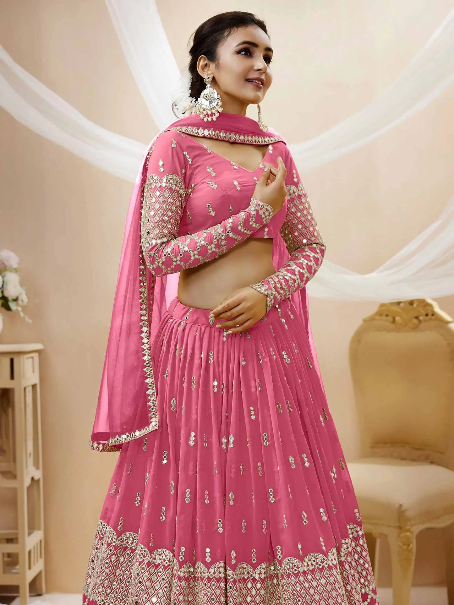 Light Pink Georgette Lehenga With Sequence And Zari Embroidery Work