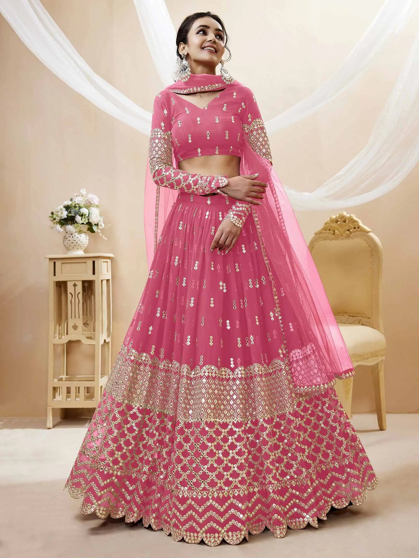 Light Pink Georgette Lehenga With Sequence And Zari Embroidery Work