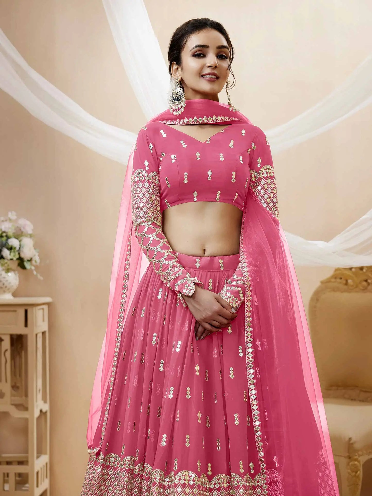 Light Pink Georgette Lehenga With Sequence And Zari Embroidery Work