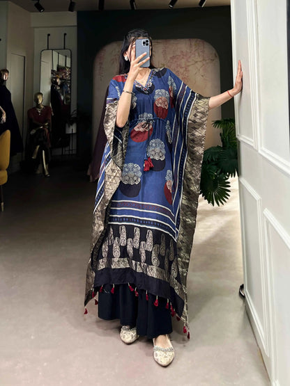 Blue Real Mirror And Hand Work With Zari Border Kaftan