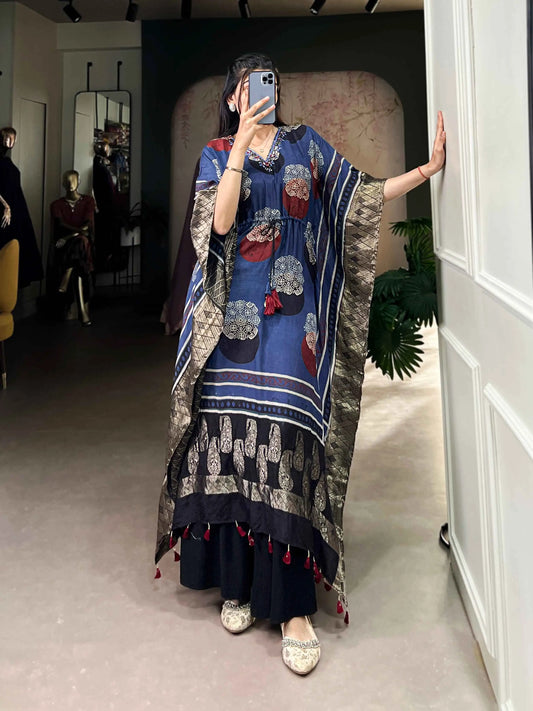 Blue Real Mirror And Hand Work With Zari Border Kaftan