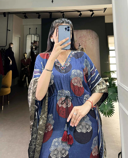 Blue Real Mirror And Hand Work With Zari Border Kaftan