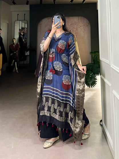 Blue Real Mirror And Hand Work With Zari Border Kaftan