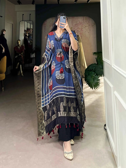 Blue Real Mirror And Hand Work With Zari Border Kaftan