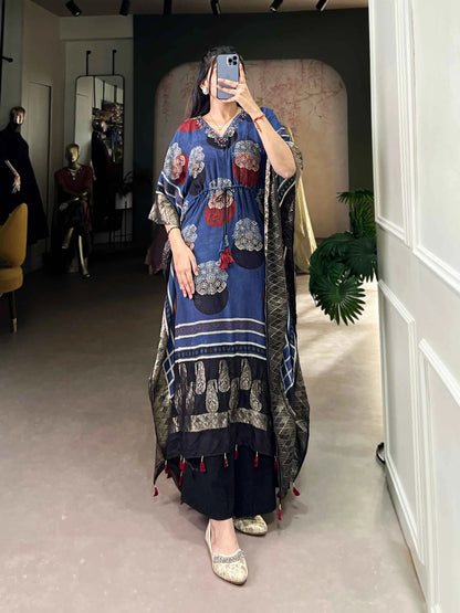Blue Real Mirror And Hand Work With Zari Border Kaftan