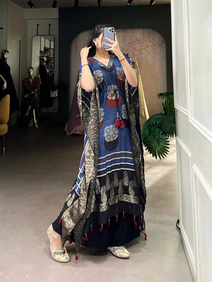 Blue Real Mirror And Hand Work With Zari Border Kaftan