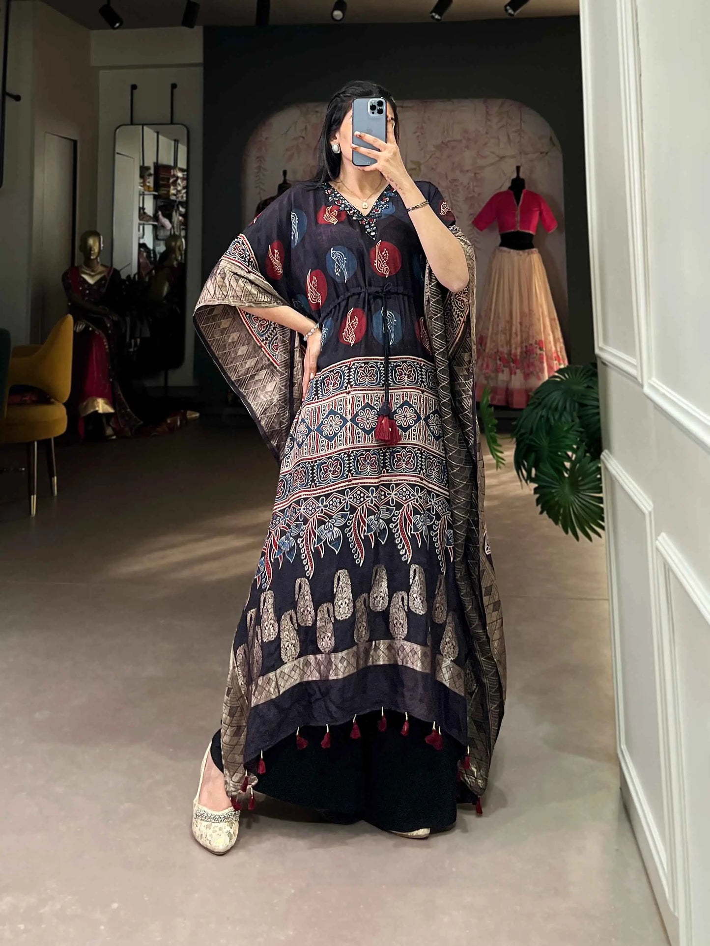 Black Real Mirror And Hand Work With Zari Border Kaftan
