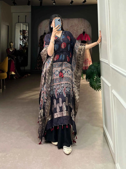 Black Real Mirror And Hand Work With Zari Border Kaftan