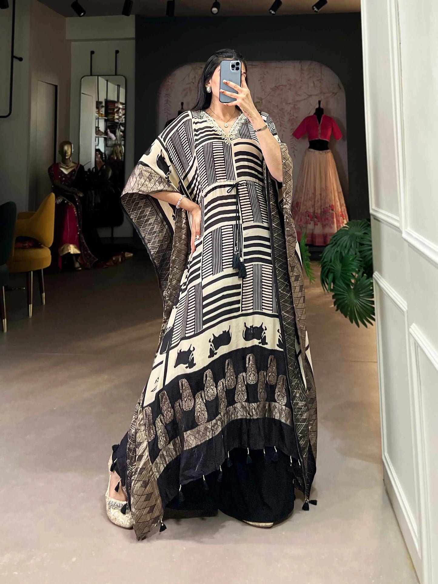 Cream Real Mirror And Hand Work With Zari Border Kaftan