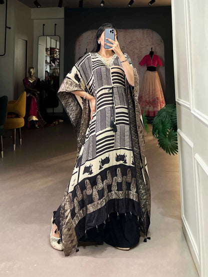 Cream Real Mirror And Hand Work With Zari Border Kaftan