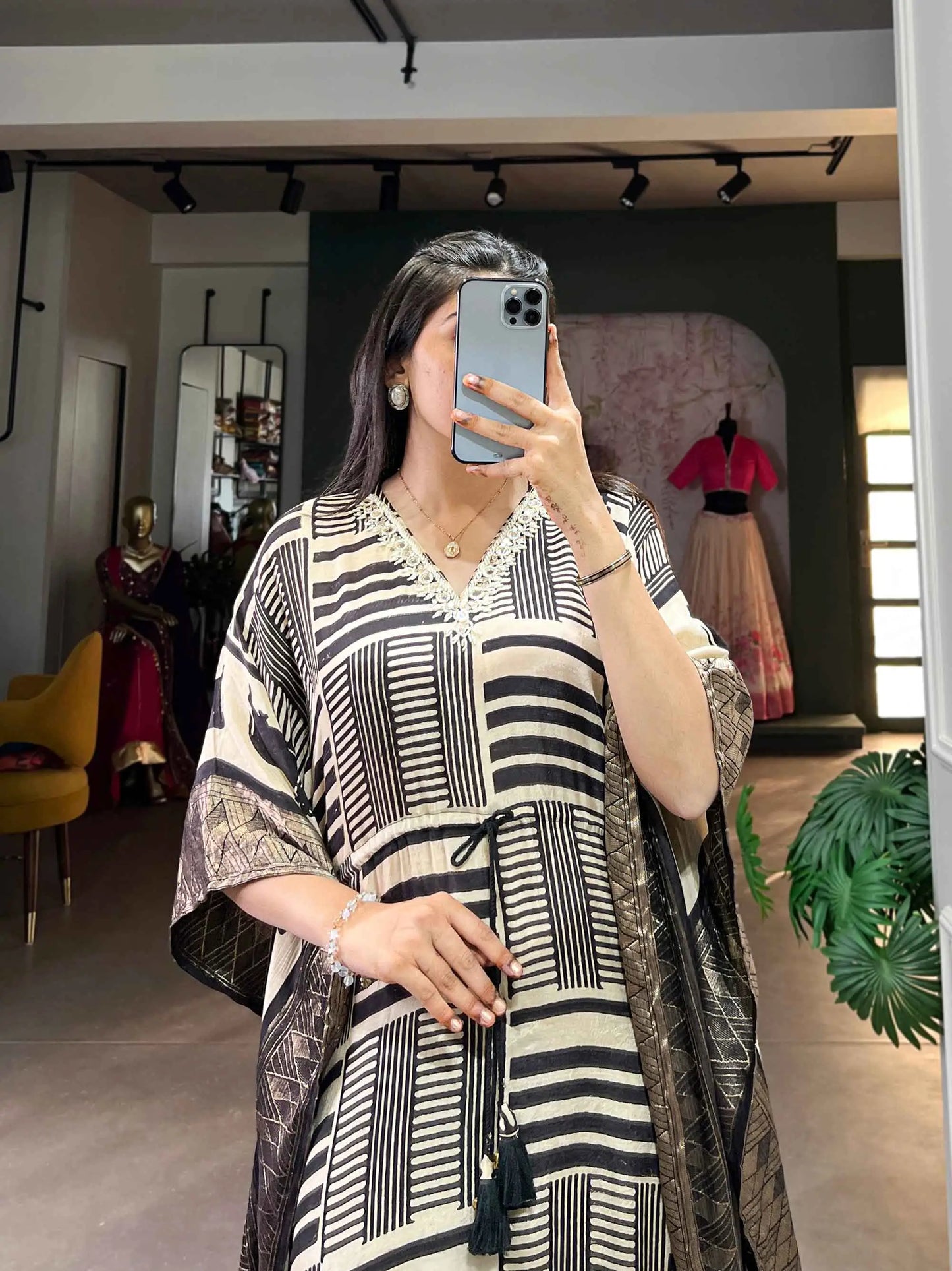 Cream Real Mirror And Hand Work With Zari Border Kaftan