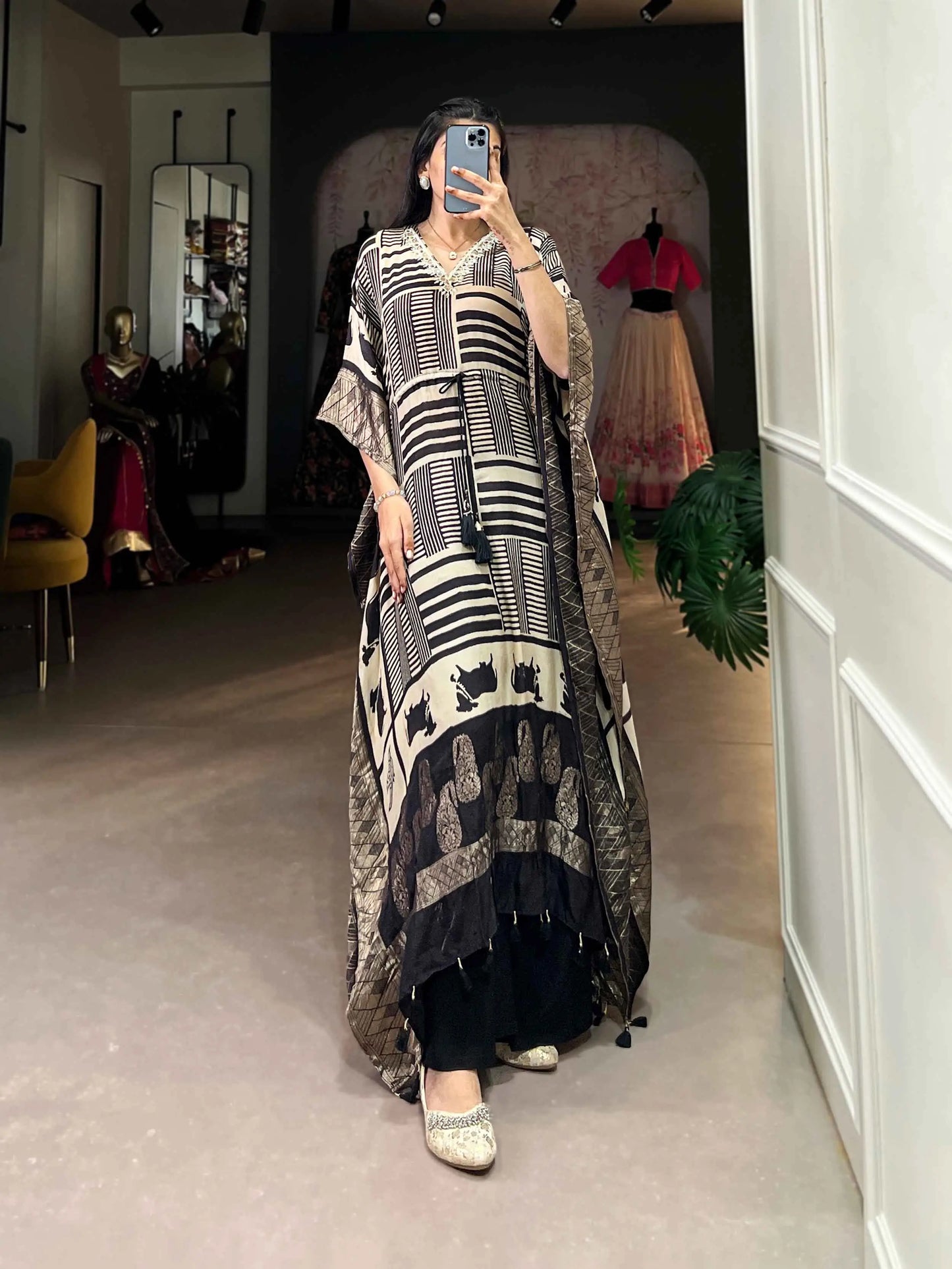 Cream Real Mirror And Hand Work With Zari Border Kaftan